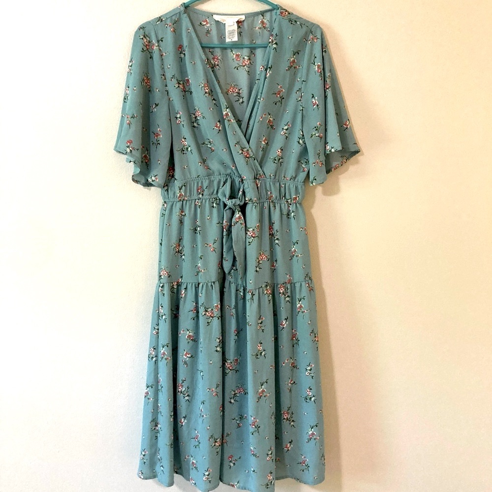 Floral Wrap Midi Dress - Aqua